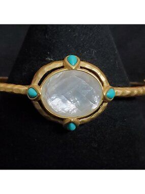 Kiam Family Bangle Bracelet Matte Gold Tone Faceted Clear White Glass 7"